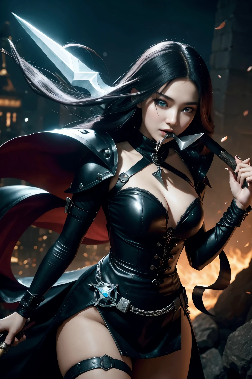 A young woman, in medieval clothes, with a kunai in his mouth, surrounded by magical daggers and a black aura, glazed eyes, expression of madness, background of a ghostly city, league of legends dash