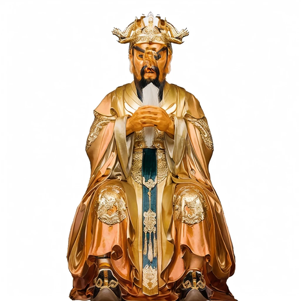 ancient chinese man with beard, emperor robe, holding a white arrow shape Metalplate,  dragon patterns on robe, furious face
