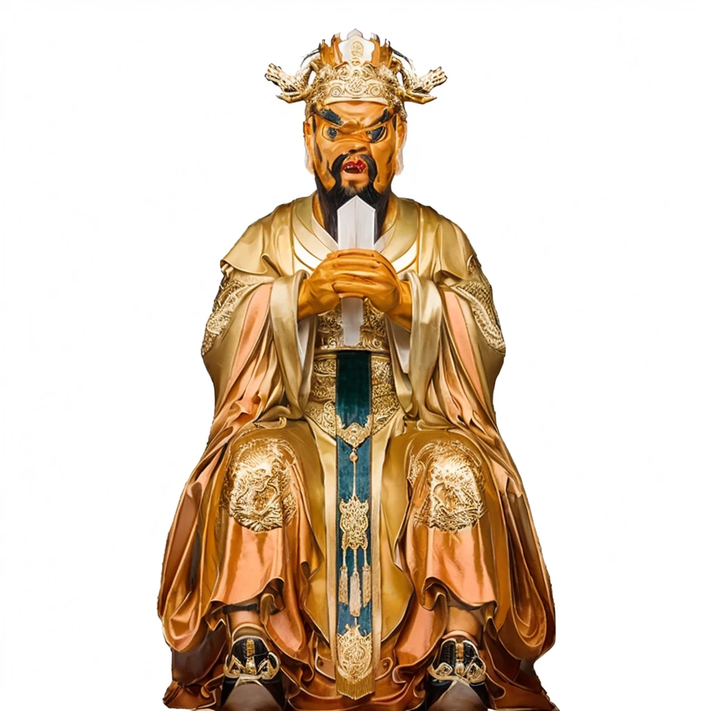 ancient chinese man with beard, emperor robe, holding a white arrow shape Metalplate, dragon patterns on robe, furious face