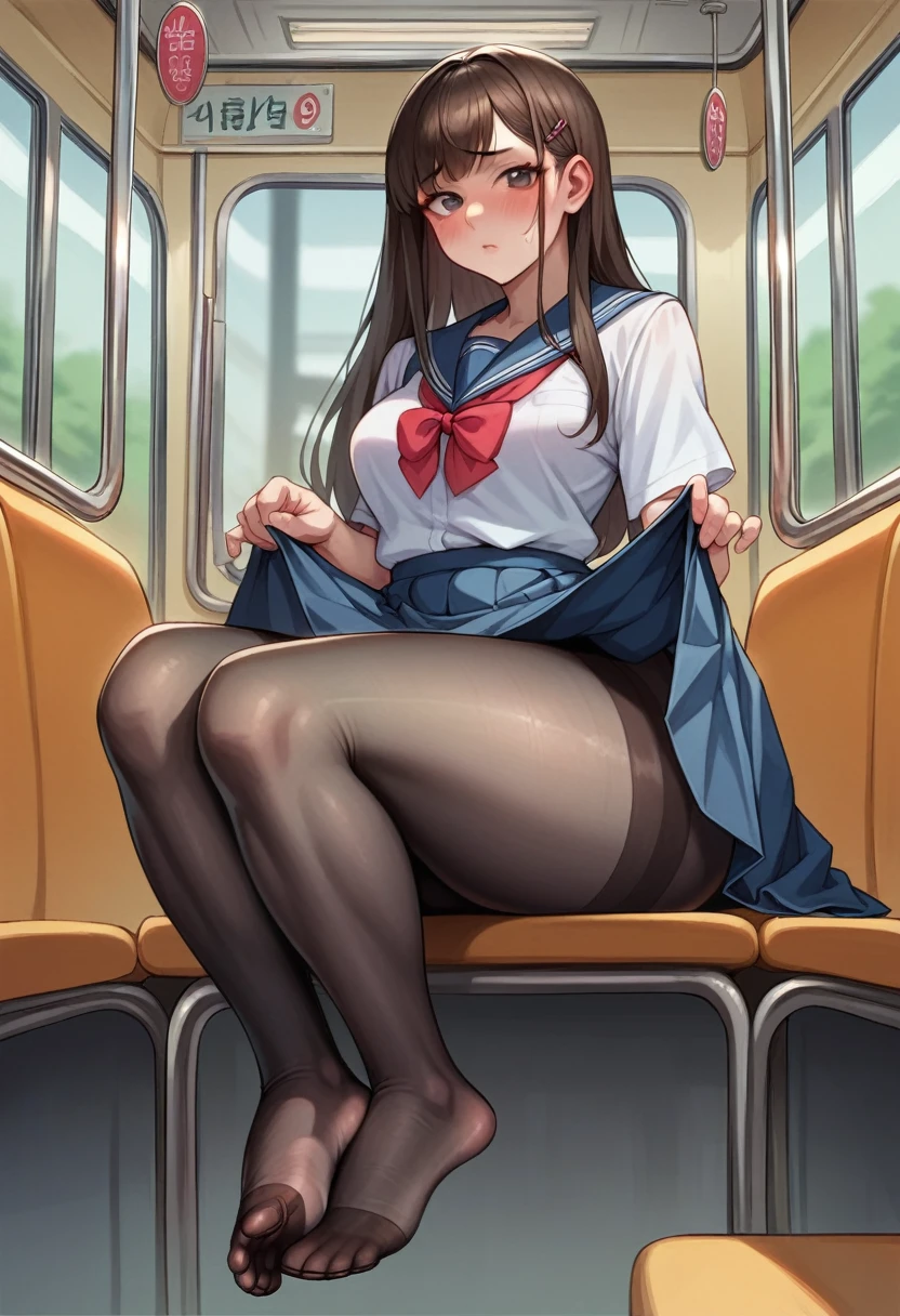 NSFW, photorealistic, top-quality, masterpiece, 1 Korean women , female only, ABSOLUTELY NO MALE, absolutely no men, VERY crowded female only subway train interior detailed scenario, VERY crowded Korean female only subway train interior detailed background, sitting on subway chair insanely hot (woman 1) using sexy ((school uniform)), (((lifted skirt)), (thick thighs), (slightly neutral expression) (black tights pantyhose), (showing feet), slightly blushed face,