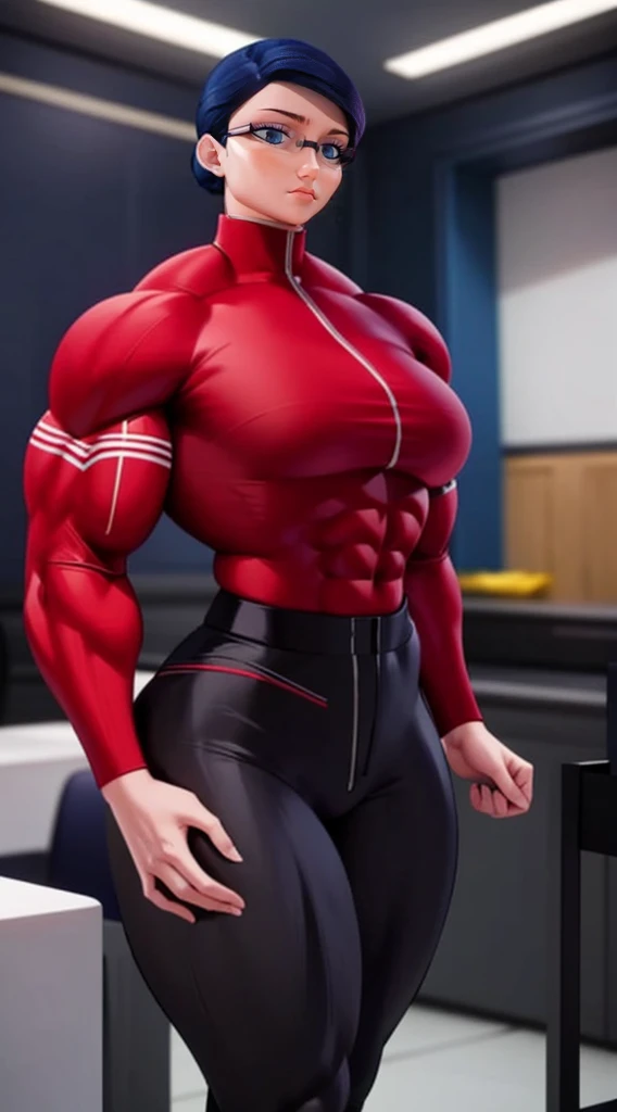 a muscular female bodybuilder in red bra inside office suit and her hair is blue hair that is pulled back into a bun with the hair on the left side of her head that is dyed a dark pink or red detailed face, beautiful detailed eyes, beautiful detailed lips, extremely detailed face and muscles, long eyelashes, strong muscles bulging through suit, dynamic pose, professional studio lighting, hyperrealistic, 8k, high quality, photorealistic, physically-based rendering, concept art, dramatic color palette,((abs)).