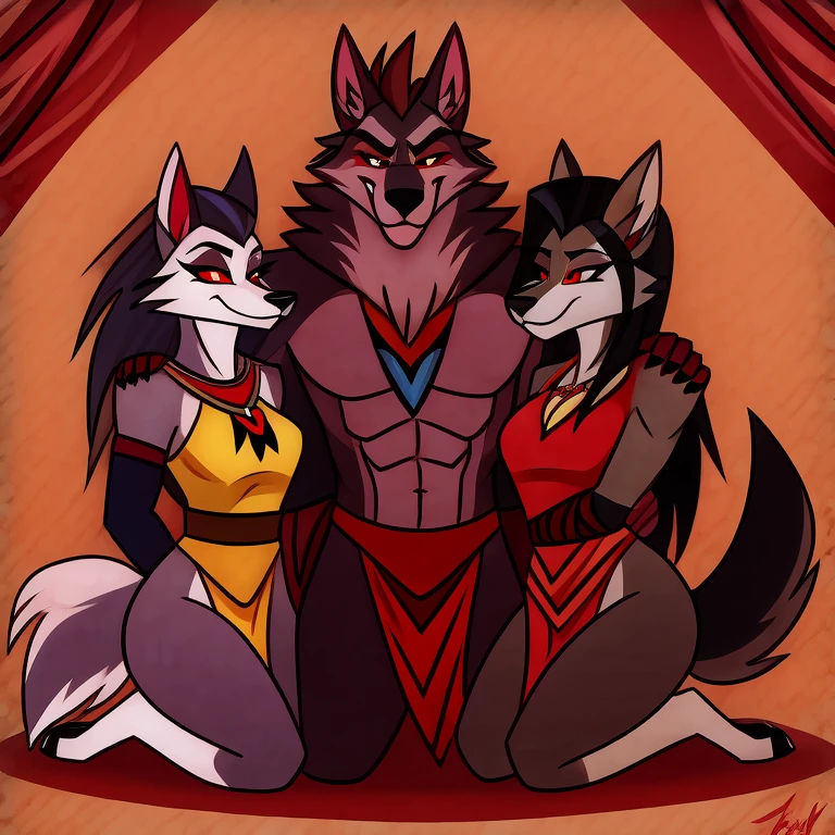 (masterpiece, best quality:1.2), Vortex female and male hellhounds couple, wolf, furry, helluva boss, yellow_tabard, tribal clothes, kneeling before their master