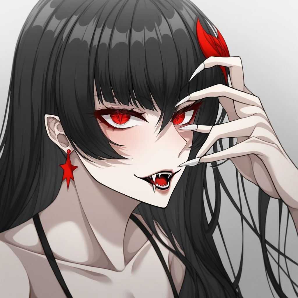 vampire anime character vampiristic features character with beige skin color with very long straight black hair with bangs red eyes and vampire fangs, with black swimwear super detailed image white empty background high quality, awardwinning, high resolution, 8K 2d drawing