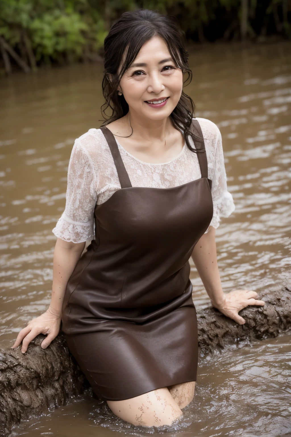 Aunt in Osaka、Organic Photography、best quality、masterpiece、Ultra-high resolution、Beautiful Japanese old lady、60 years old、looking at the audience、Elegant face、Toothy Smile、Large Breasts、wearing a modest dress、Wavy Hair、mini skirt、Hot Pants, In the mud,Lots of mud and water,Background blur
