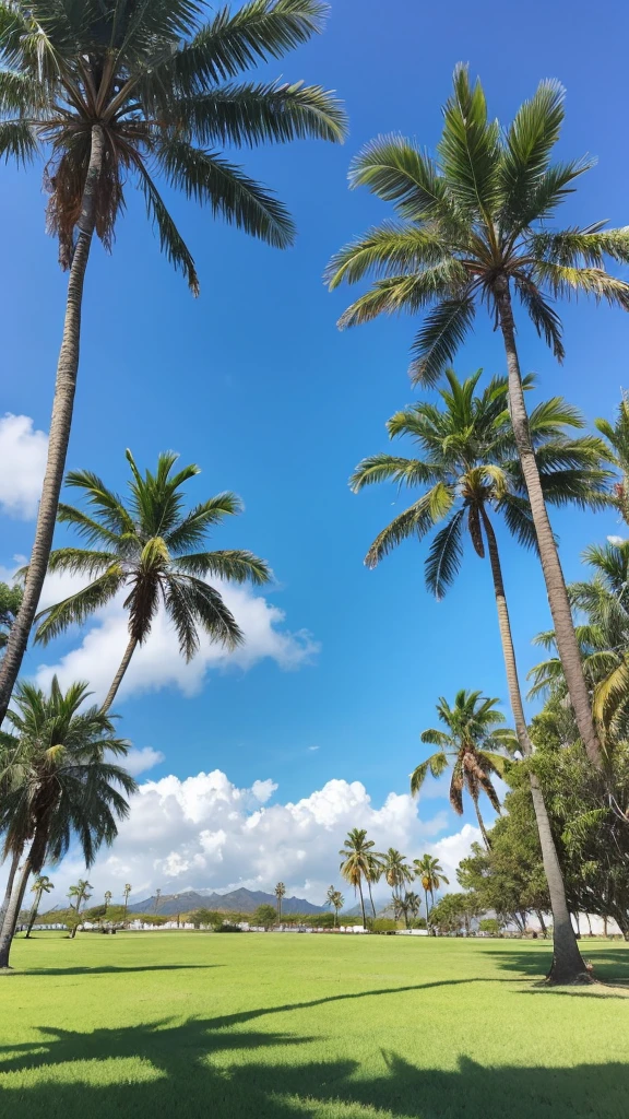 overall view from a distance 、A realistic photograph of a sunny, grassy field with a single palm tree in the center. The sky is clear and bright blue. In the background, there are power lines and a few scattered trees and bushes. The field has patches of both green and slightly dry grass, creating a natural, slightly untended look. The overall atmosphere is calm and serene, reflecting a warm, sunny day.