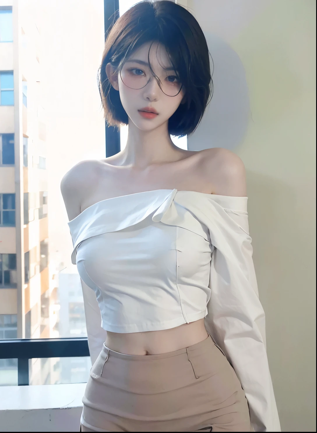 Beautiful woman with perfect figure:1.4,Ultra-high resolution,wear glasses,White background,(lifelike:1.4),Layered Hairstyle,White skin,Bikini:1.5,Super short pleated skirt,whole body,Very delicate face and skin texture,Double eyelids,Skin Whitening,Long hair,White hair