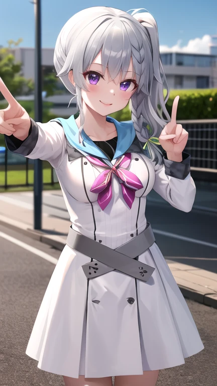 masterpiece, best quality, highres, aasora, braid, long hair, side ponytail, hair ribbon, , sailor collar, pink bow, white shirt, long sleeves, belt, white skirt, cowboy shot, standing, smile, outdoors, peace sign,