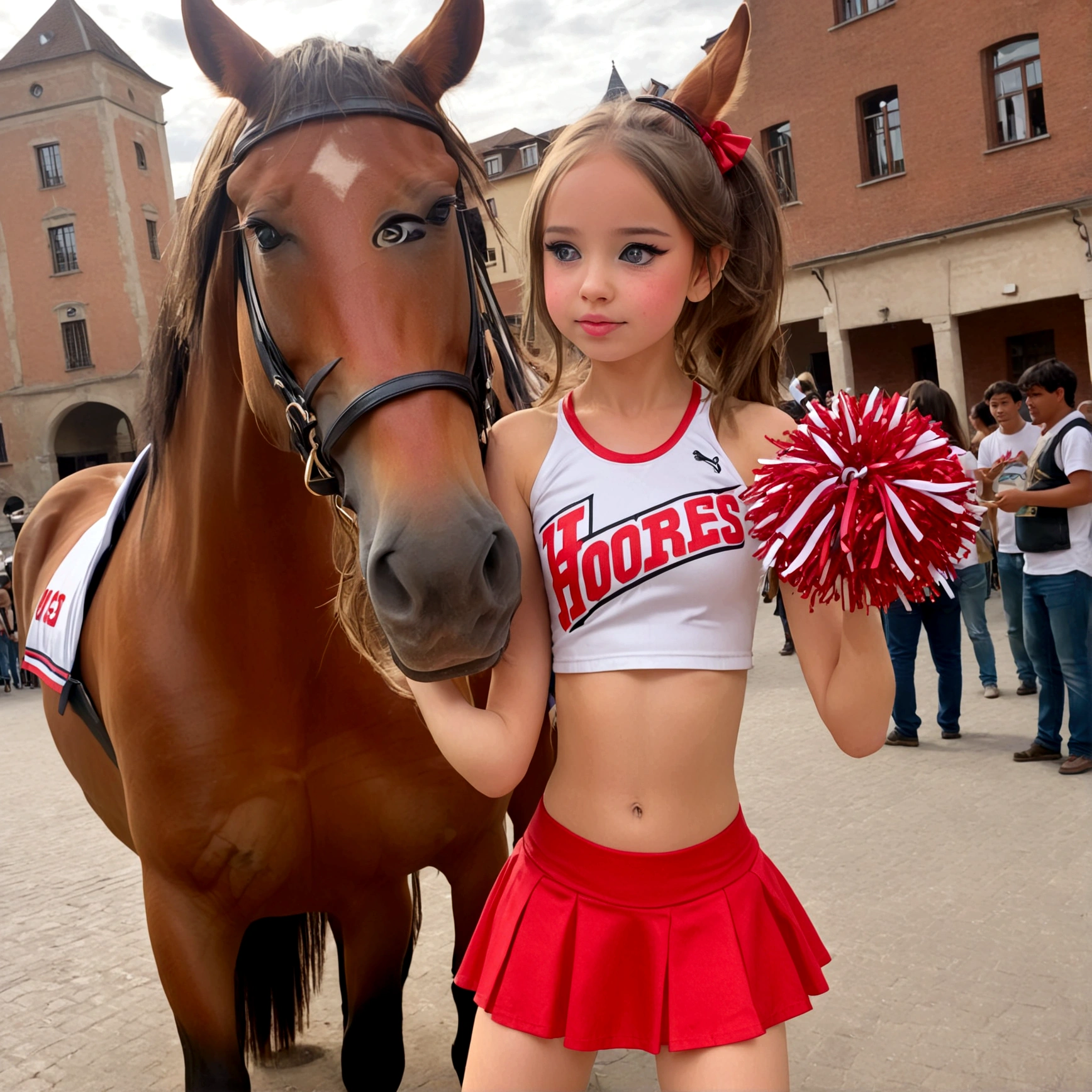 draw a little pre-primary school girl dressed as a cheerleader, cum on face, she is in a public square next to a big horse holding the horse&#39;s penis and jerking off to the horse