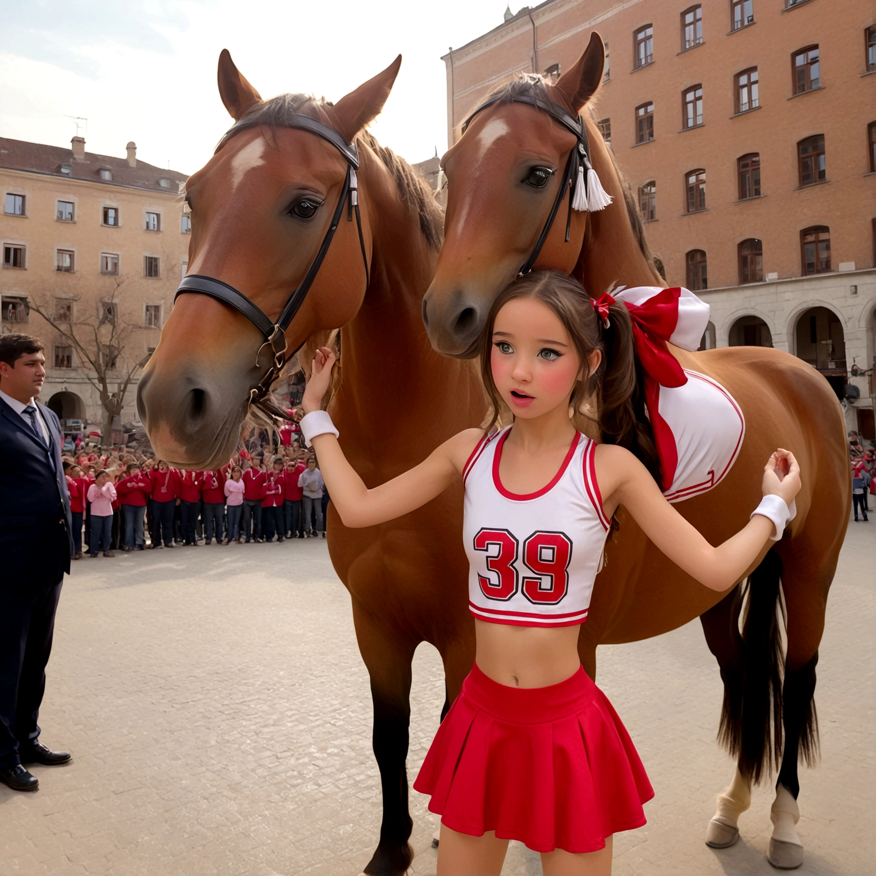 draw a little pre-primary school girl dressed as a cheerleader, cum on face, she is in a public square next to a big horse holding the horse&#39;s penis and jerking off to the horse