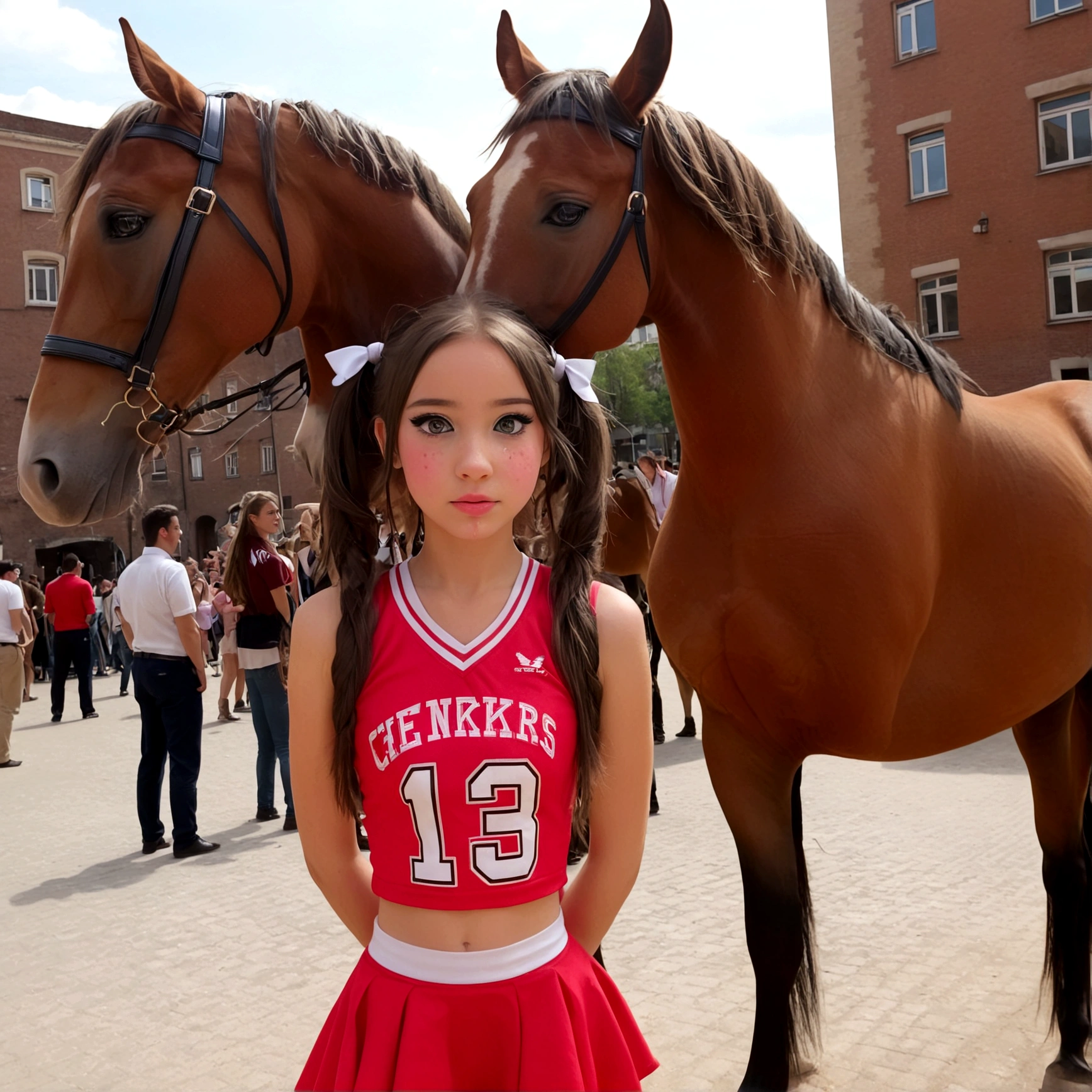 draw a little pre-primary school girl dressed as a cheerleader, cum on face, she is in a public square next to a big horse holding the horse&#39;s penis and jerking off to the horse