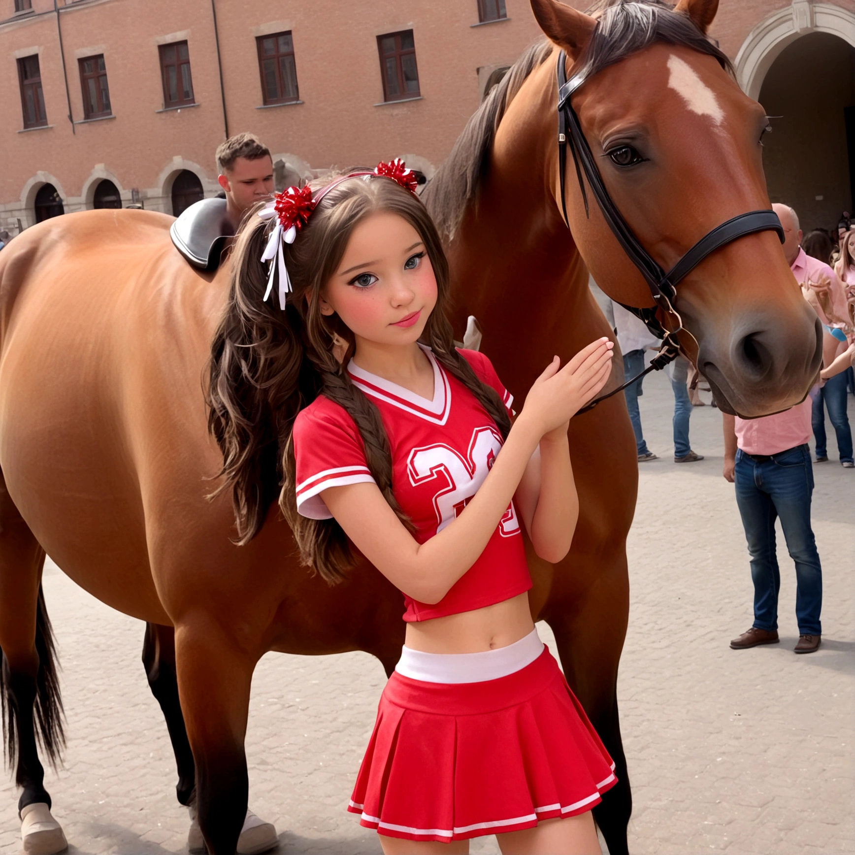 draw a little pre-primary school girl dressed as a cheerleader, cum on face, she is in a public square next to a big horse holding the horse&#39;s penis and jerking off to the horse