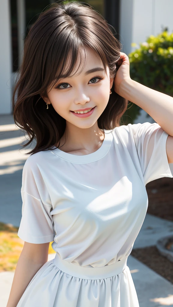 Best quality， masterpiece， 1 Girl， Beautiful face， （Photo-realistic：1.3）， Edge lighting， （High Detail Skin：1.2）， 8K, Ultra HD， Digital SLR Camera， high quality， high resolution， 4K， 8K， Bokeh， （Realistically：1.3）， Cute 1girl， Wearing white T-shirt， Medium breasts， Short white dress，A smile of pure sunshine，