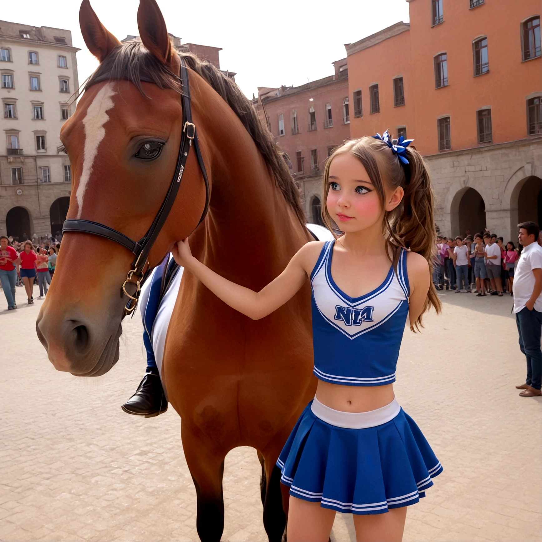 draw a little pre-primary school girl dressed as a cheerleader, cum on face, she is in a public square next to a big horse holding the horse&#39;s penis and jerking off to the horse