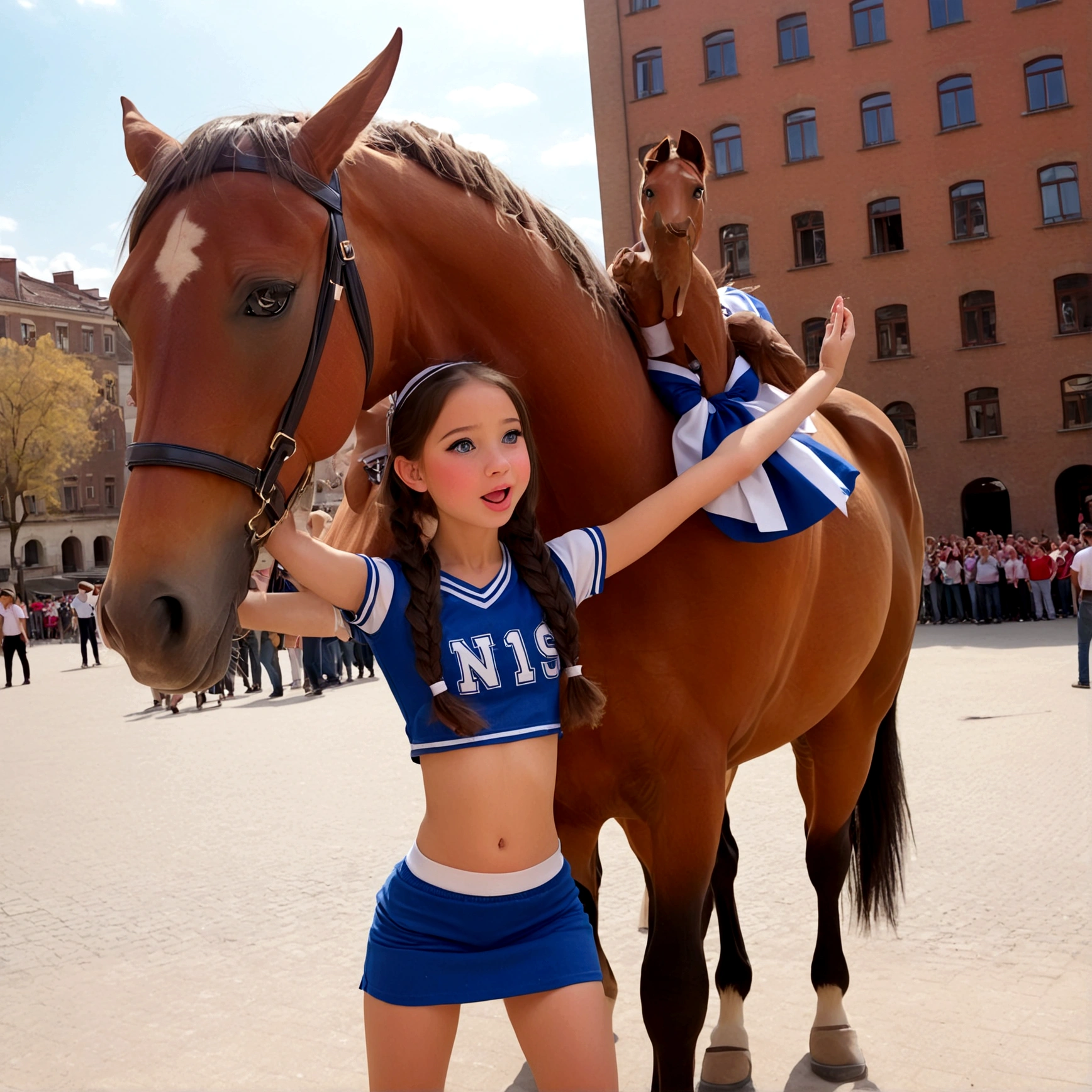 draw a little pre-primary school girl dressed as a cheerleader, cum on face, she is in a public square next to a big horse holding the horse&#39;s penis and jerking off to the horse