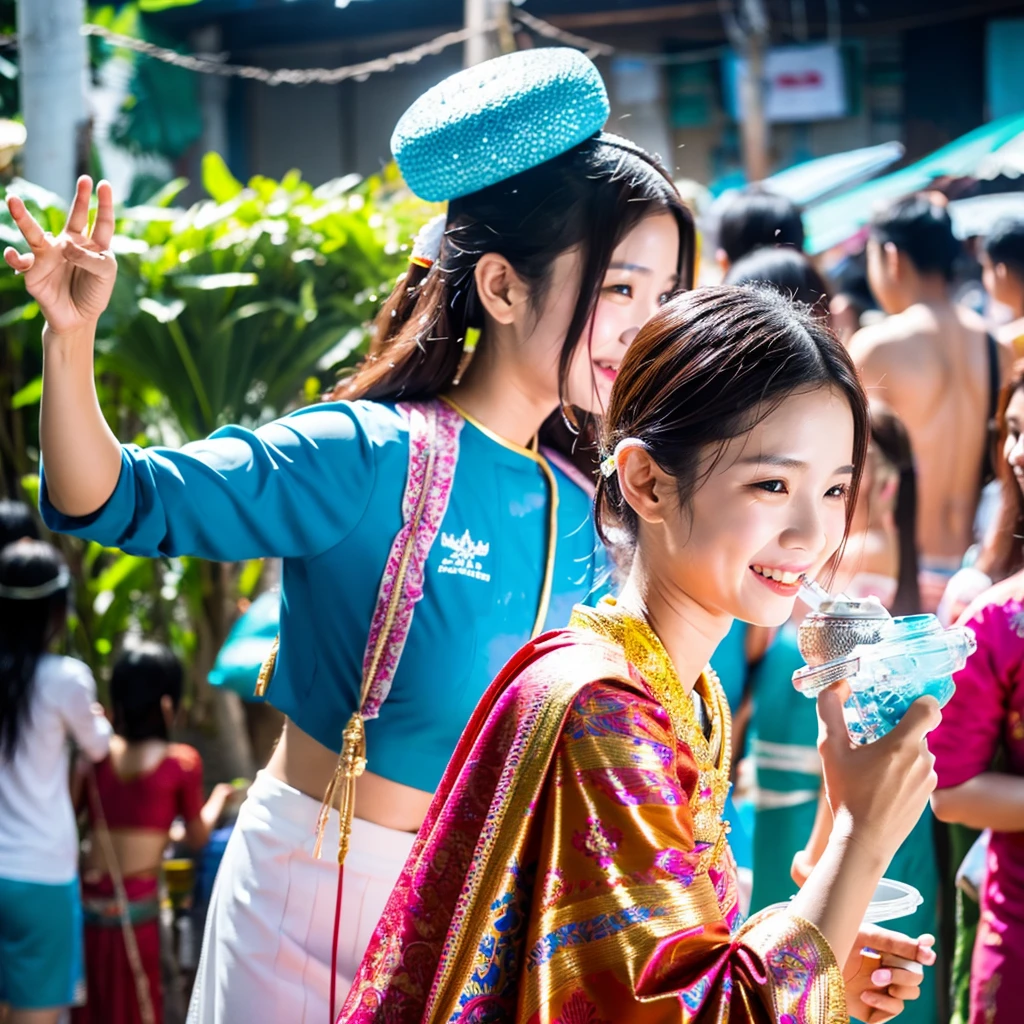 songkran,(((She doesn't have an umbrella))),Wet roads , soaked through,drenched, Dripping, Wet Face,Wet clothes, Wet Skin, Wet Hair,A young woman with a cute face like an idol,chest,((chestの谷間)),((Full body portrait)),(White blouse),cling,RAW Photos,Genuine,Genuine,High resolution,RAW Photos,masterpiece, Genuineistic, beautiful