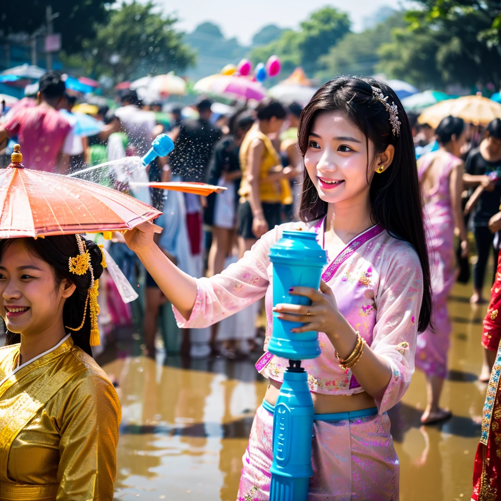 songkran,(((She doesn&#39;t have an umbrella))),Wet roads , soaked through,drenched, Dripping, Wet Face,Wet clothes, Wet Skin, Wet Hair,A young woman with a cute face like an idol,chest,((chestの谷間)),((Full body portrait)),(White blouse),cling,RAW Photos,Genuine,Genuine,High resolution,RAW Photos,masterpiece, Genuineistic, beautiful