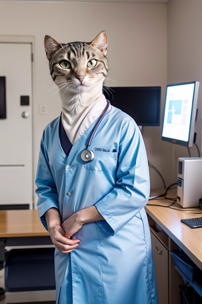 an anthropomorphic cat Marine Itami dressed as a doctor in a hospital, masterpiece, best, photo realistic