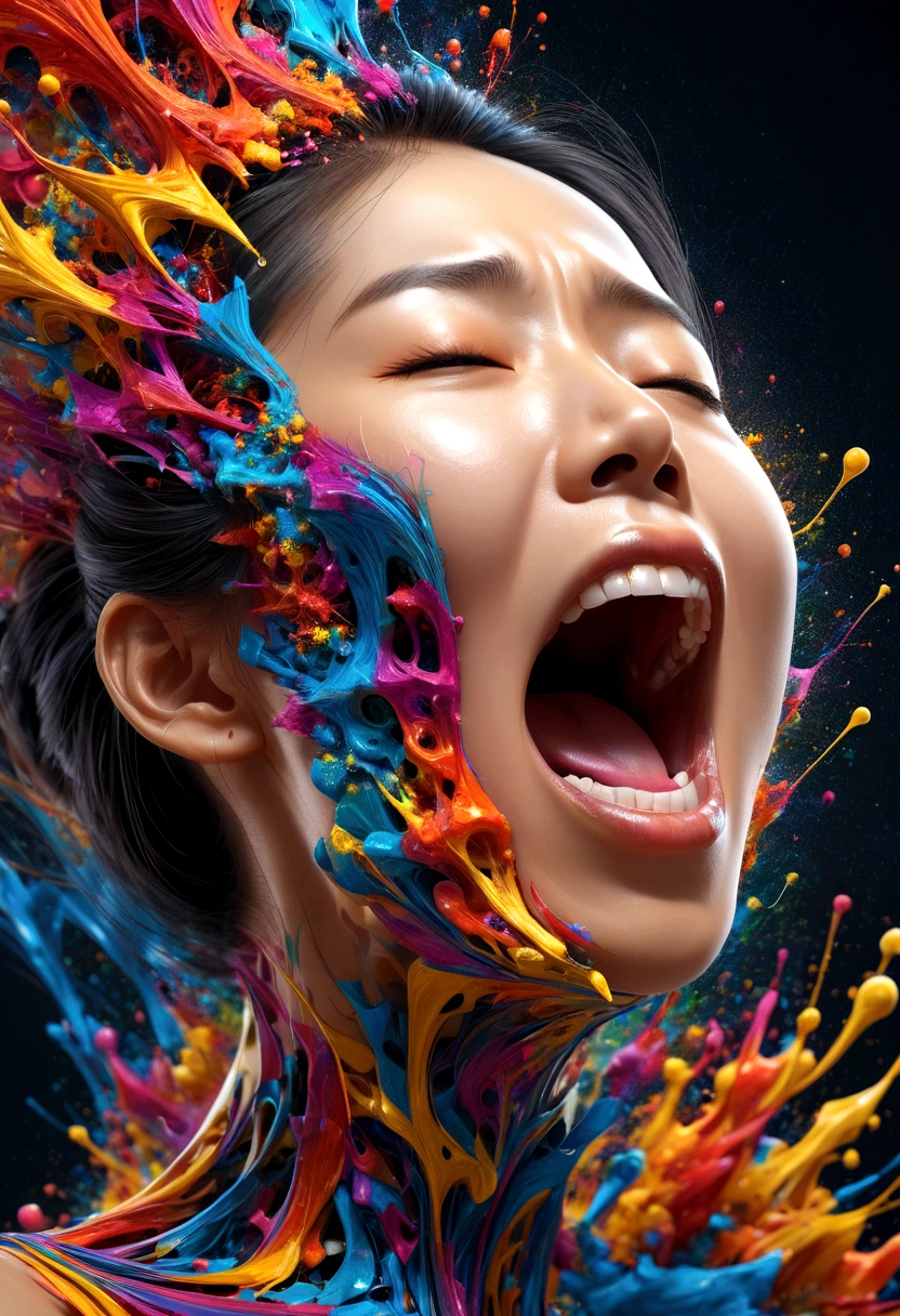 A Thai woman&#39;s face with her mouth wide open screams in pain., splatter, 3D cubic distribution of the body,  Masterpiece, bright colors,  mechanical dispersion,  Highly detailed, , fractal art, , 16K, geometric concept art, sharp line