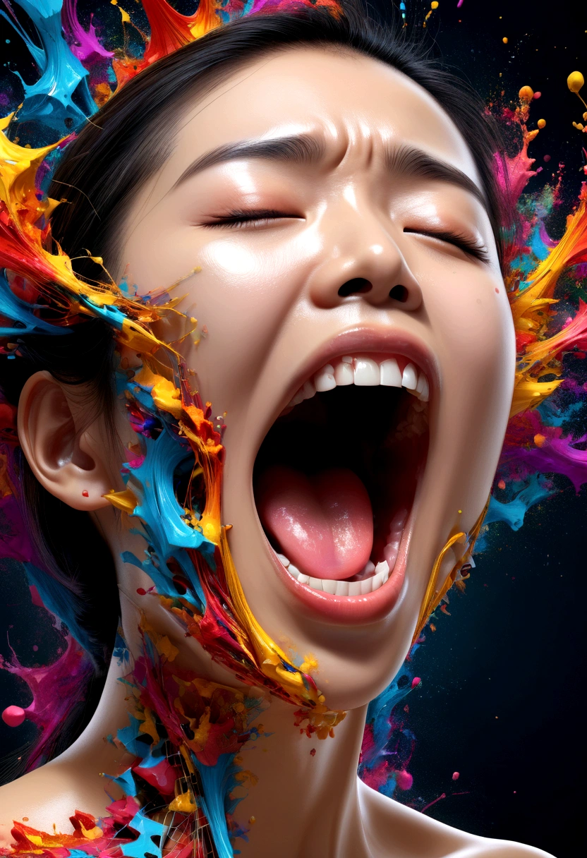 A Thai woman's face with her mouth wide open screams in pain., splatter, 3D cubic distribution of the body, Masterpiece, bright colors, mechanical dispersion, Highly detailed, , fractal art, , 16K, geometric concept art, sharp line