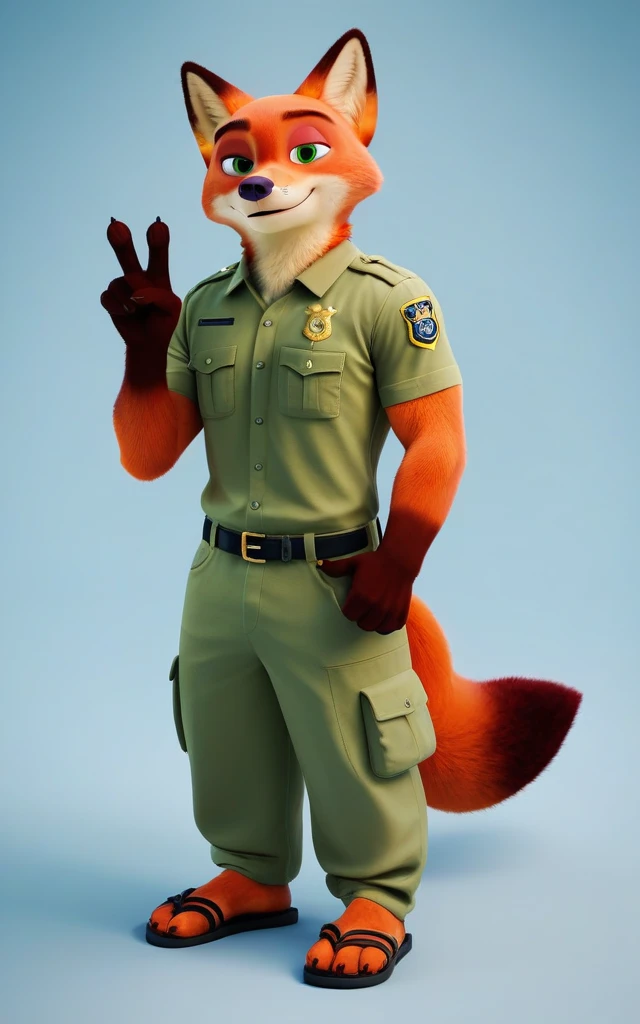 score_9, score_8_up, score_7_up, rating_safe,source_furry,anthro,source_3D, nick wilde male muscular fox (fursuit version) looking at the viewer a gesture of peace and love (standard film uniform sandals) (ultra realistic almost looking like a human being) (green eyes)