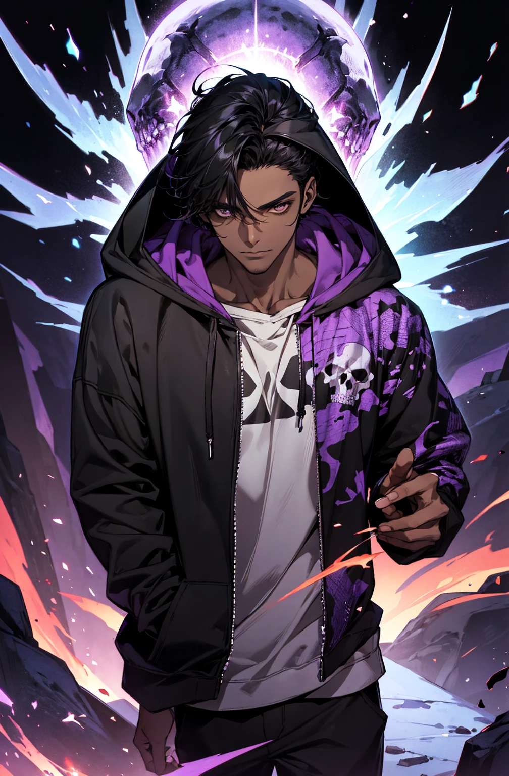 male with bones, looking away from camera, skulls, bones, handsome, black, dark skin, tall, broad shoulders, black hair, purple, purple fire, magic, detailed face, fantasy, hoodie
