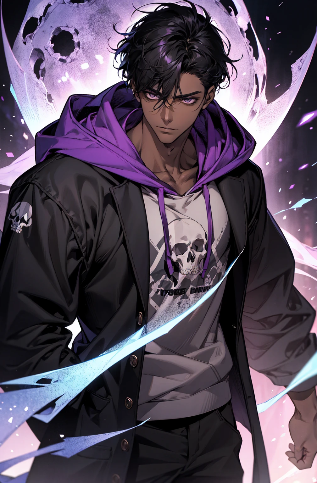 male with bones, looking away from camera, skulls, bones, handsome, black, dark skin, tall, broad shoulders, black hair, purple, purple fire, magic, detailed face, fantasy, hoodie