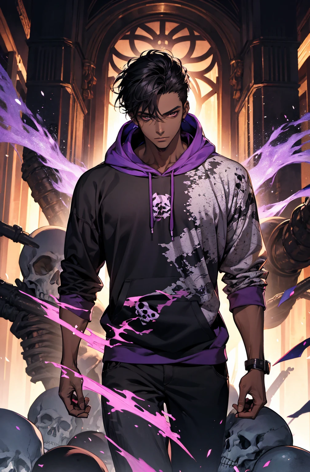 male with bones, looking away from camera, skulls, bones, handsome, black, dark skin, tall, broad shoulders, black hair, purple, purple fire, magic, detailed face, fantasy, hoodie