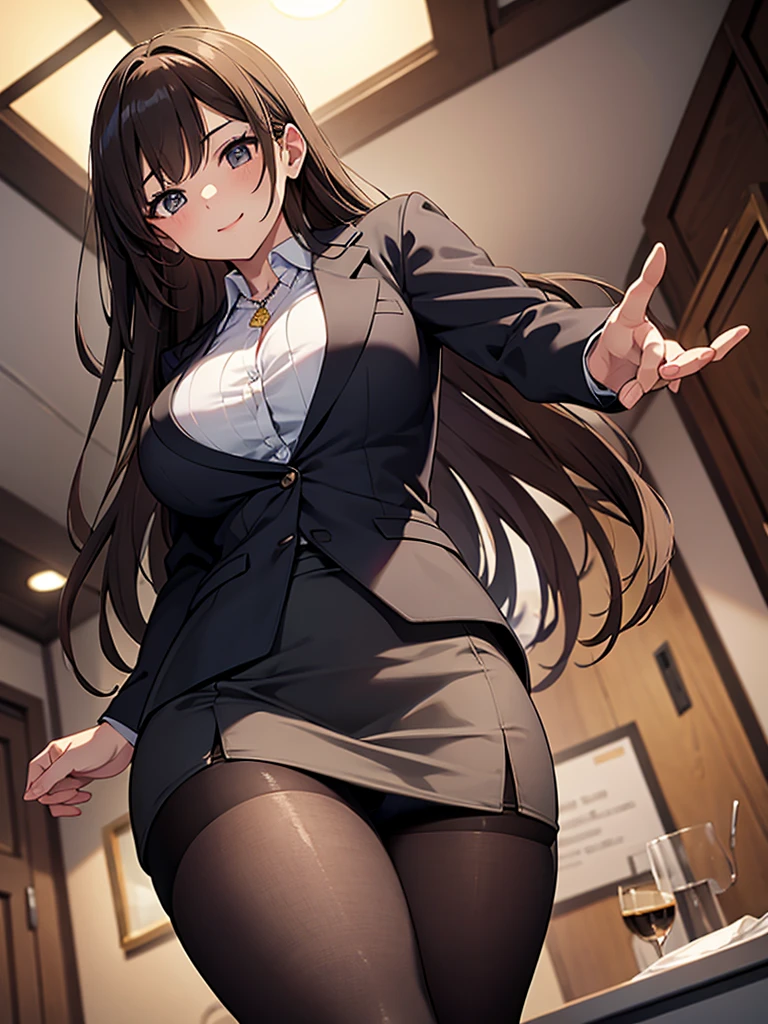 masterpiece, best quality, expressive eyes, perfect face, highly detailed, intricate detailed, atmospheric perspective, solo, 1mature seductive woman lifting skirt, alluring pose, brown semi long hair, neckless, business suit, checked vest, blouse, black pencil skirt, tight mini skirt, hose, pantivy, thighs, calm smile,  from below, in office, at night,