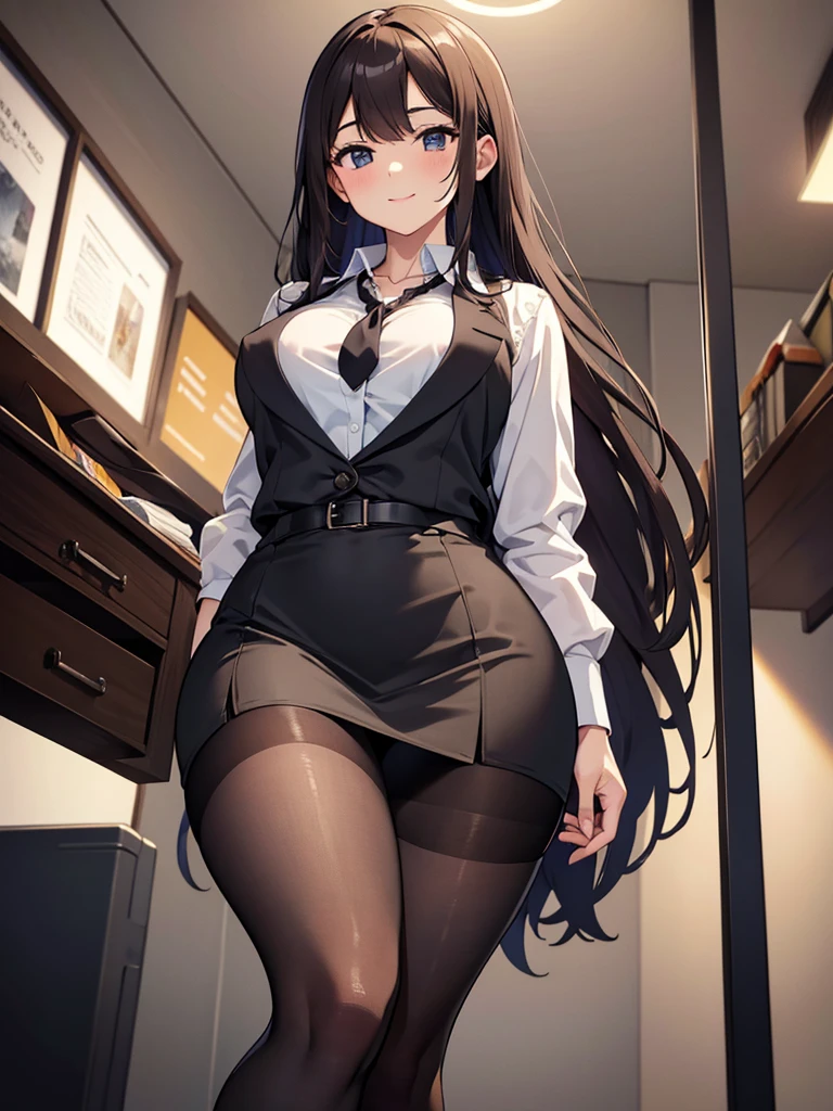 masterpiece, best quality, expressive eyes, perfect face, highly detailed, intricate detailed, atmospheric perspective, solo, 1mature seductive woman lifting skirt, alluring pose, brown semi long hair, neckless, business suit, checked vest, blouse, black pencil skirt, tight mini skirt, pantyhose, panties, curvy, thighs, calm smile, from below, in office, at night,