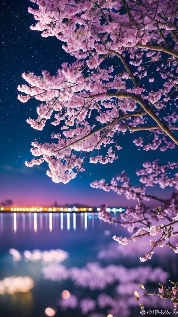 surely, The prompt in this image is, 「Fantastic night cherry blossoms against the backdrop of the brightly shining universe」. There is a bright atmosphere, Highly saturated colors that emphasize the vividness of cherry blossoms and celestial bodies. The stars shine brighter, The Milky Way is depicted in lighter shades of blue and purple., The whole scene glows with an otherworldly glow.. The petals are also infused with delicate rainbow colors..., Creates a great atmosphere, As if the tree was bathed in starlight.。..」