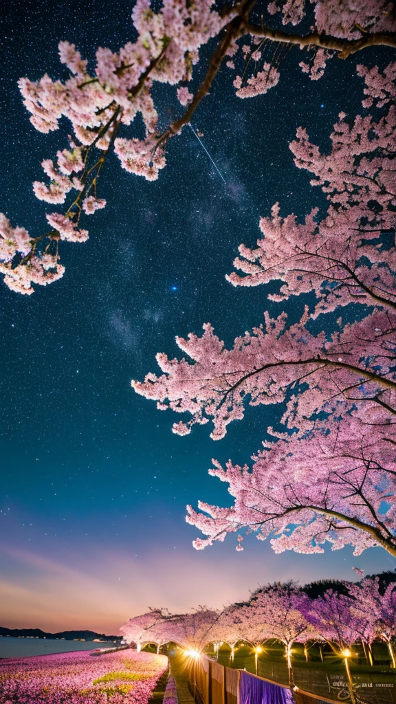 surely, The prompt in this image is, 「Fantastic night cherry blossoms against the backdrop of the brightly shining universe」. There is a bright atmosphere, Highly saturated colors that emphasize the vividness of cherry blossoms and celestial bodies. The stars shine brighter, The Milky Way is depicted in lighter shades of blue and purple., The whole scene glows with an otherworldly glow.. The petals are also infused with delicate rainbow colors..., Creates a great atmosphere, As if the tree was bathed in starlight.。..」