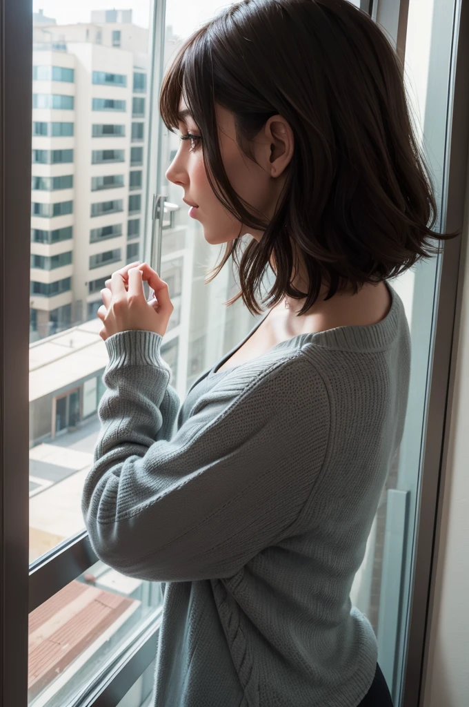 A beautiful brunette woman looking out the window of her apartment admiring the landscape