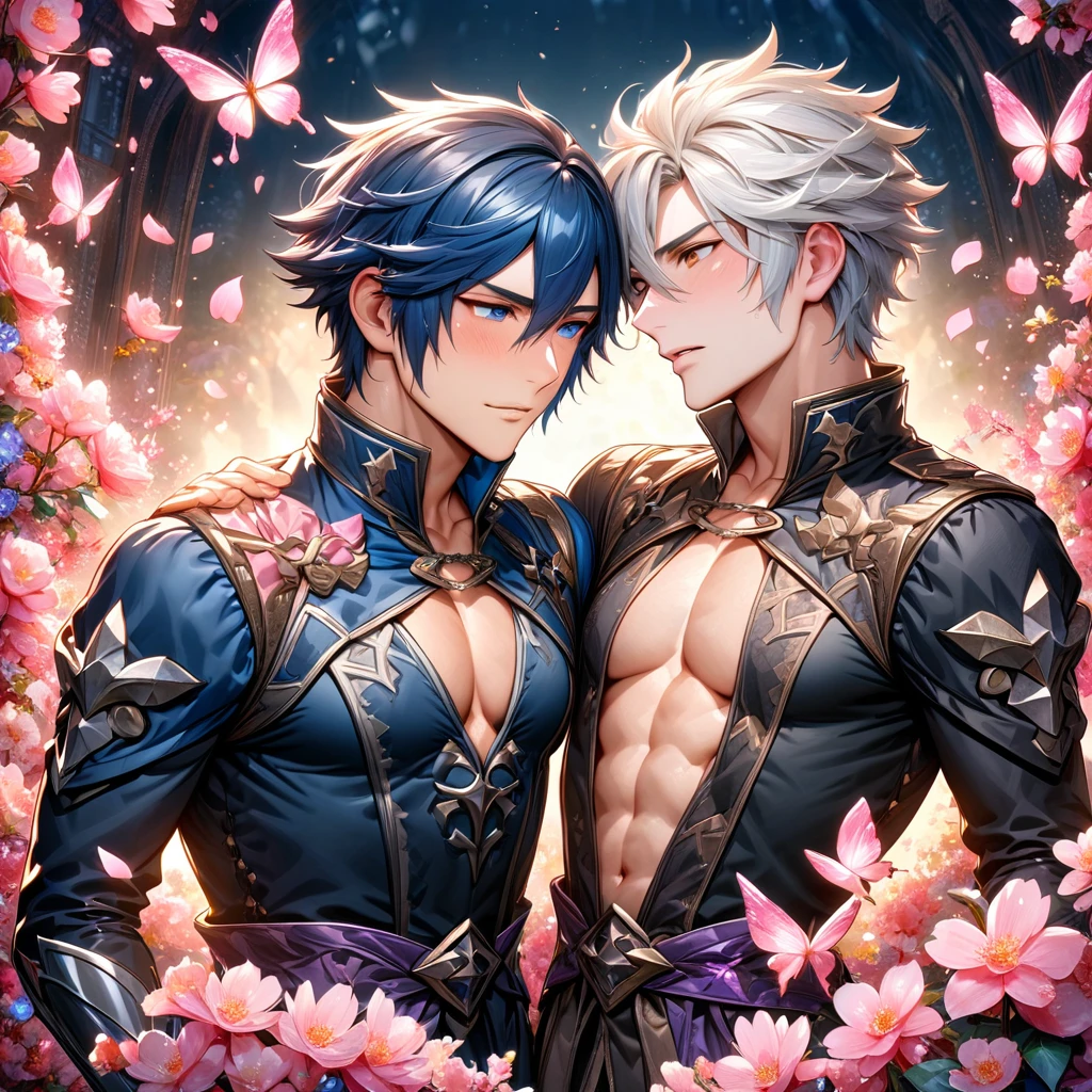 absurdres, highres, ultra detailed, HDR, master piece, best quality, Robin, white hair, short hair, hair between the eyes, expressive brown eyes, fire emblem awakening, Chrom, dark blue hair, expressive blue eyes, two sexy men together, yaoi, gay couple, handsome, toned chest, black tunic, prince clothes, magical, fantasy, shining, water, pink flowers, pink blossoms, pink butterflies, pink petals