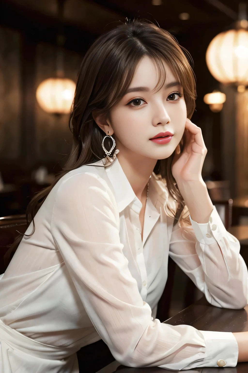 masterpiece, Highest quality, Realistic, Very detailed, Finer details, High resolution, 8k wallpaper, One beautiful woman, Wear an elegant see-through shirt, In a great restaurant, At night, Light brown messy hair, Perfect dynamic composition, Beautiful and beautiful eyes、Big earrings、Sit on a chair、