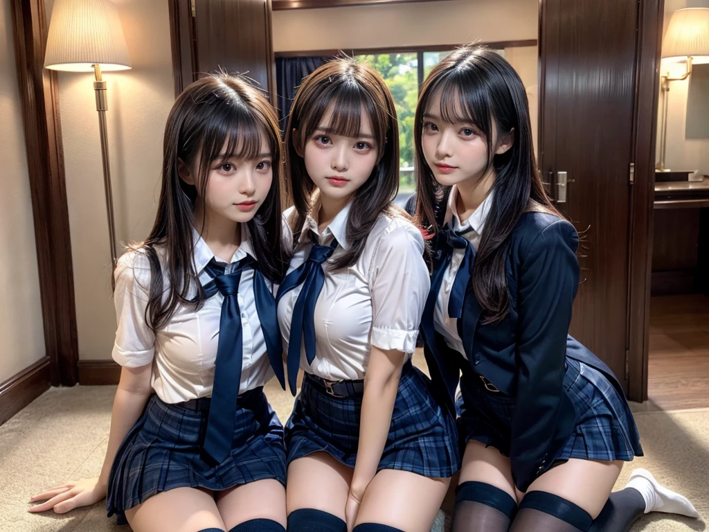(8K, Raw photography, top-quality, ​masterpiece:1.2), master piece, best quality, illustration, Super detailed, fine details, High resolution, 8K,wall paper, perfect dynamic composition,(Details High quality, realistic depiction of eyes:1.3), ((2 girls, 2 schoolgirls)), The background is a luxury hotel room、High school girl uniform、Super Short Check Uniform Skirt、Navy blue high socks、garterbelts、Colossal tits、Disturbed uniform, Play with each other,Touching each other's bodies,Touching the body of the girl next door, short bob hair, black hair color, huge breasts, Big Natural Color Lip, bold sexy pose, (perfect body shape), crying a little、cold gaze,  Beautiful makeup,glitter makeup,Cutest 18 years old, beautiful legs, hposing Gravure Idol, Voluptuous thighs