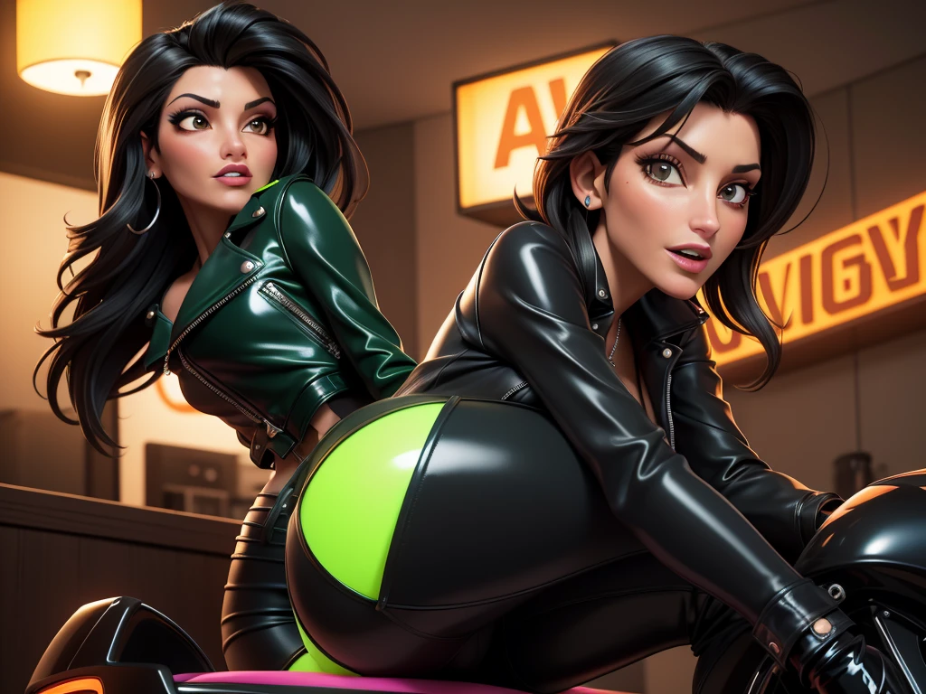 obra prima, melhor qualidade, ((gina gershon, black hair)) head back, sassy wicked, open mouth, big teeth smile, thick smoky black eye shadow, long fake eyelashes, sultry eyes, ((dark orange leather biker jacket,)) biker jacket has stiff collar, leather blouse, ((neon green pvc skinny pants,)) studs zippers snaps, shiny leather gloves, nip slip, body is skinny, laying down hugging each other on sofa, shiny tight buttocks, arched back, mashing breasts, (passionate kissing,) camera view of whole body, looking up at me, shallow depth of field, highres, HD, 8k, anatomically correct