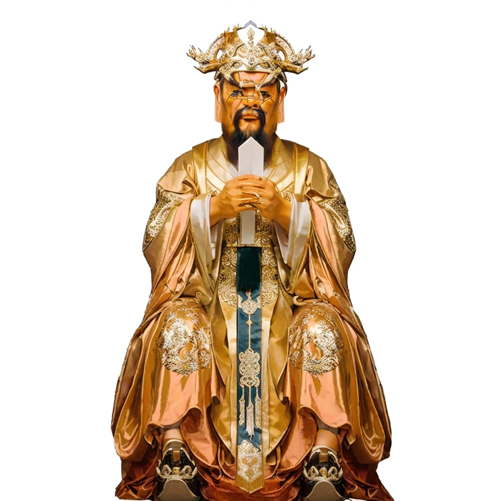 ancient chinese man with beard, emperor robe, holding a white arrow shape Metalplate,  dragon patterns on robe, furious face
