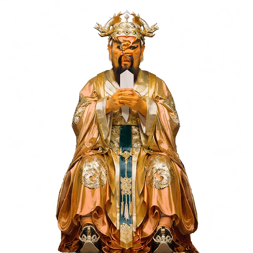 ancient chinese man with beard, emperor robe, holding a white arrow shape Metalplate,  dragon patterns on robe, furious face