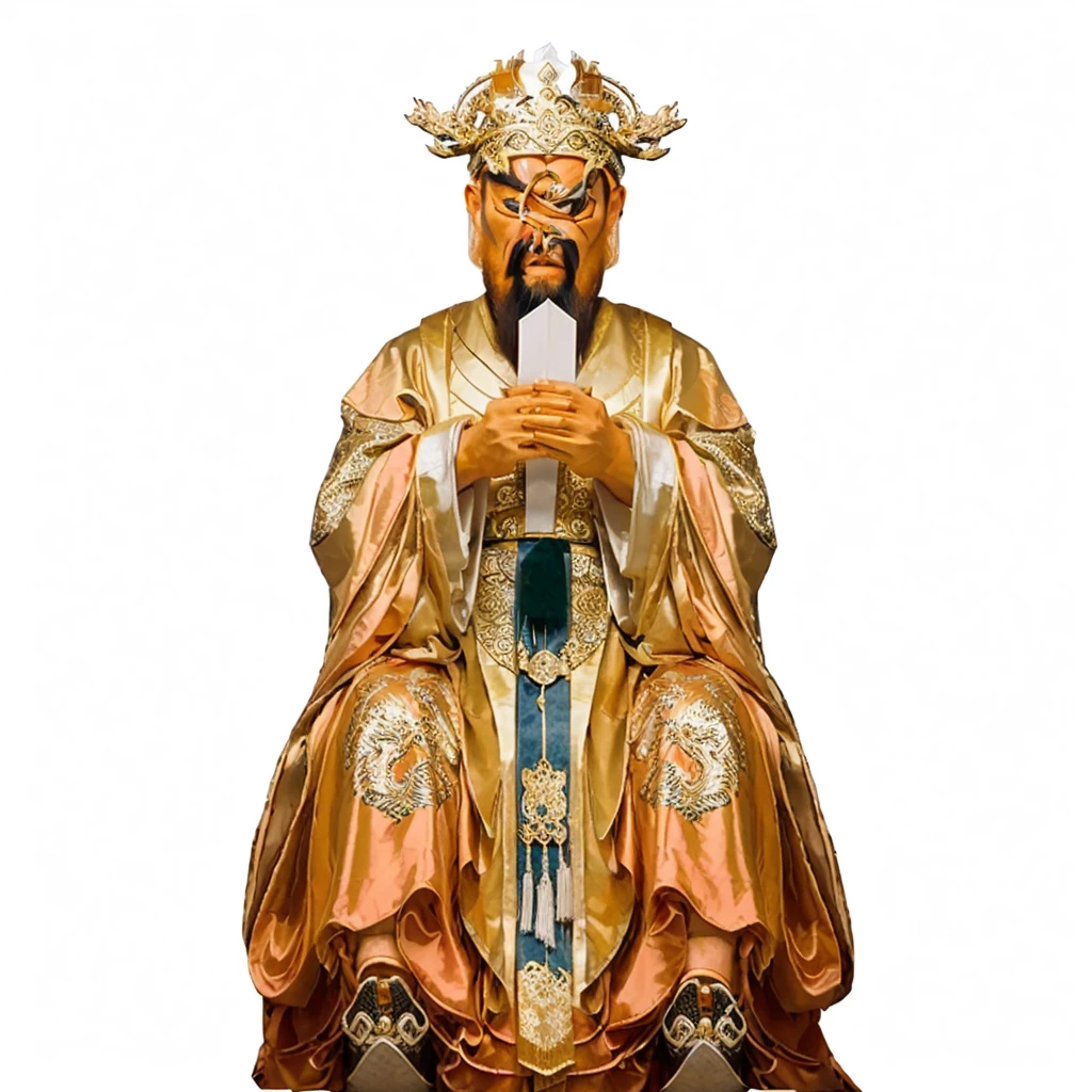 ancient chinese man with beard, emperor robe, holding a white arrow shape Metalplate,  dragon patterns on robe, furious face