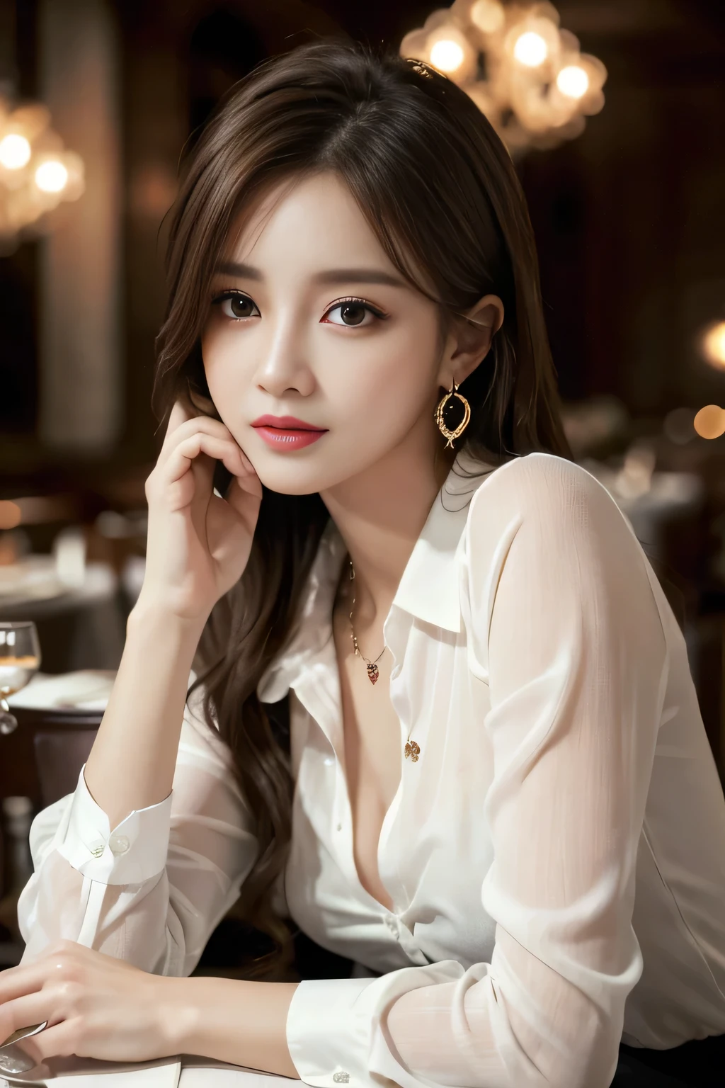 masterpiece, Highest quality, Realistic, Very detailed, Finer details, High resolution, 8k wallpaper, One beautiful woman, Wear an elegant see-through shirt, In a great restaurant, At night, Light brown messy hair, Perfect dynamic composition, Beautiful and beautiful eyes、Big earrings、Sit on a chair、