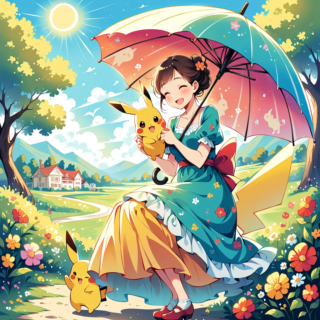 Illustrate a charming scene of Pikachu using an umbrella as a parasol on a sunny day. Pikachu should be walking in a park with the sun shining brightly. The umbrella should have a bright, colorful design, and Pikachu should be smiling happily. Include elements like flowers and a clear blue sky to enhance the sunny atmosphere.