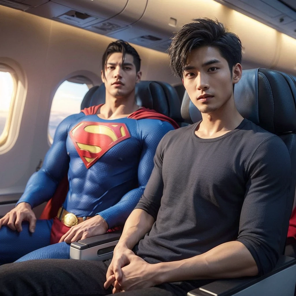 3d hyper realistic of an asian man ,25 years old,rambut short and spiky, wearing a dark blue shirt ,black trousers sat in an economy class plane next to him sat a superman ,the two of them talked to each other, the atmosphere was comfortable and there were lots of passengers,warm,4k,UHD,cinematic, ultra realistic