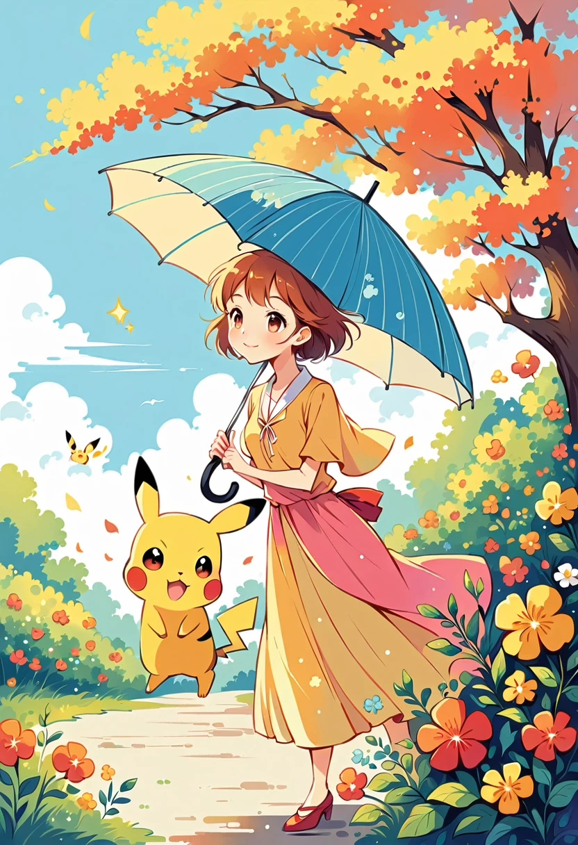 Illustrate a charming scene of Pikachu using an umbrella as a parasol on a sunny day. Pikachu should be walking in a park with the sun shining brightly. The umbrella should have a bright, colorful design, and Pikachu should be smiling happily. Include elements like flowers and a clear blue sky to enhance the sunny atmosphere.