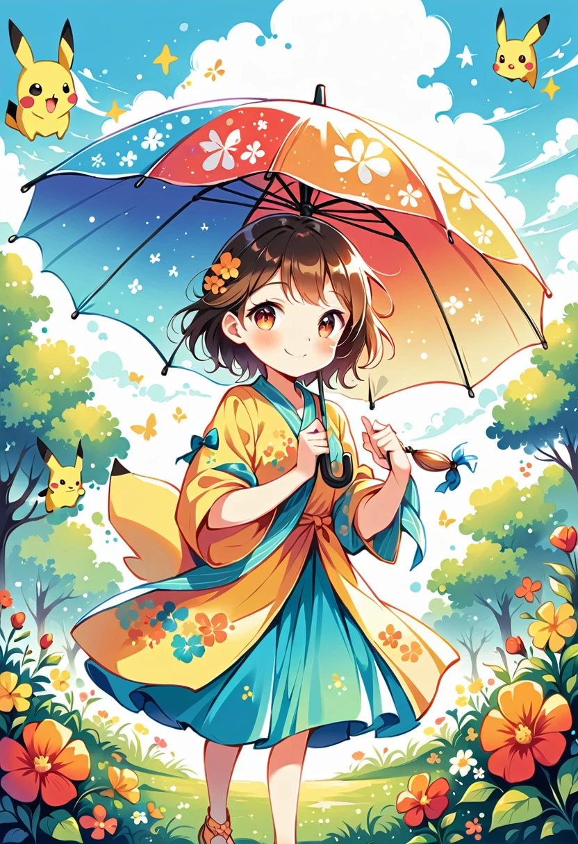 Illustrate a charming scene of Pikachu using an umbrella as a parasol on a sunny day. Pikachu should be walking in a park with the sun shining brightly. The umbrella should have a bright, colorful design, and Pikachu should be smiling happily. Include elements like flowers and a clear blue sky to enhance the sunny atmosphere.