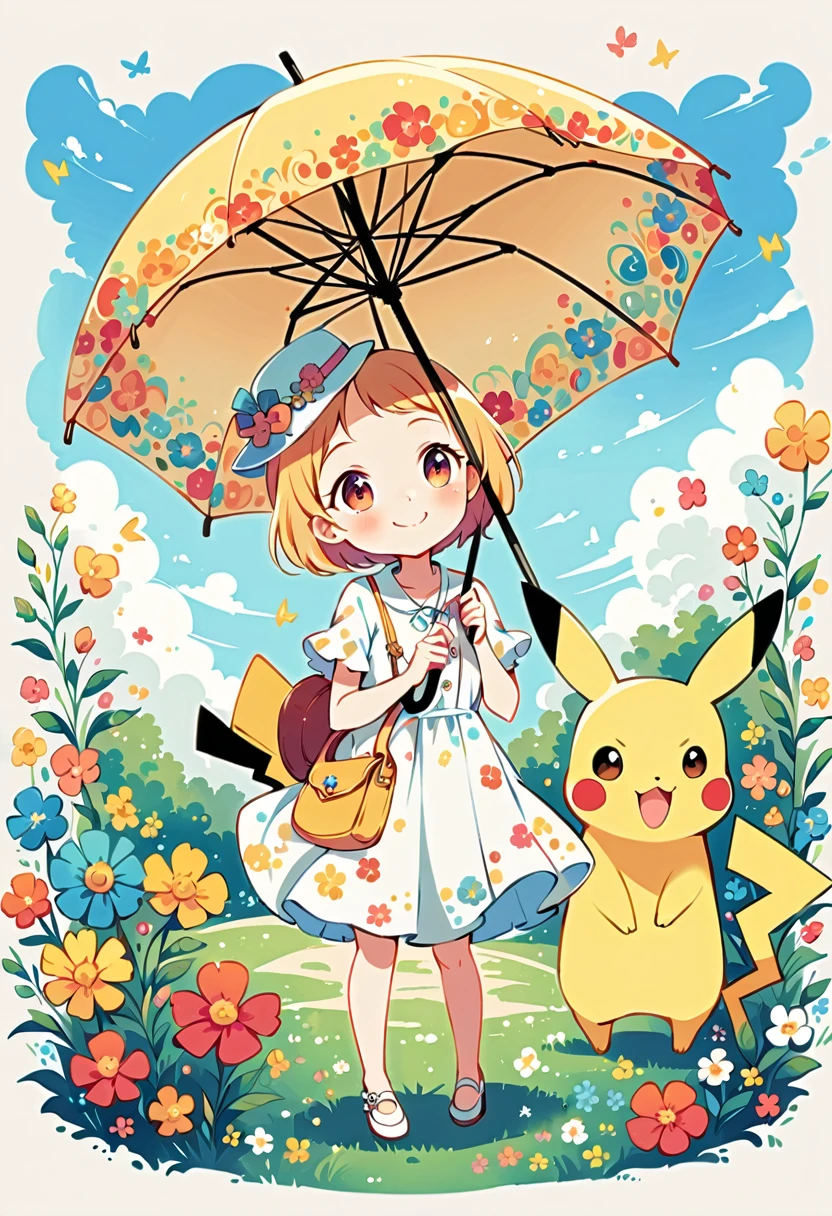 Illustrate a charming scene of Pikachu using an umbrella as a parasol on a sunny day. Pikachu should be walking in a park with the sun shining brightly. The umbrella should have a bright, colorful design, and Pikachu should be smiling happily. Include elements like flowers and a clear blue sky to enhance the sunny atmosphere.