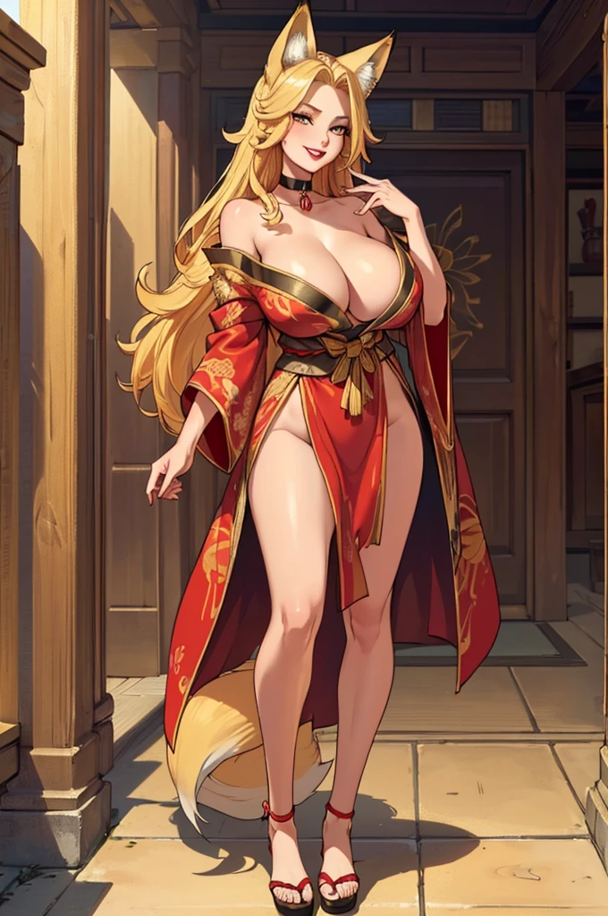 (masterpiece, best quality, high resolution, ((standing full length)),((huge breasts))1 beautiful woman, very long, tousled blonde hair, golden eyes, red lips, fox ears, fox tails fox, red fantasy kimono with gold details, full body, neckline, choker, flirty smile