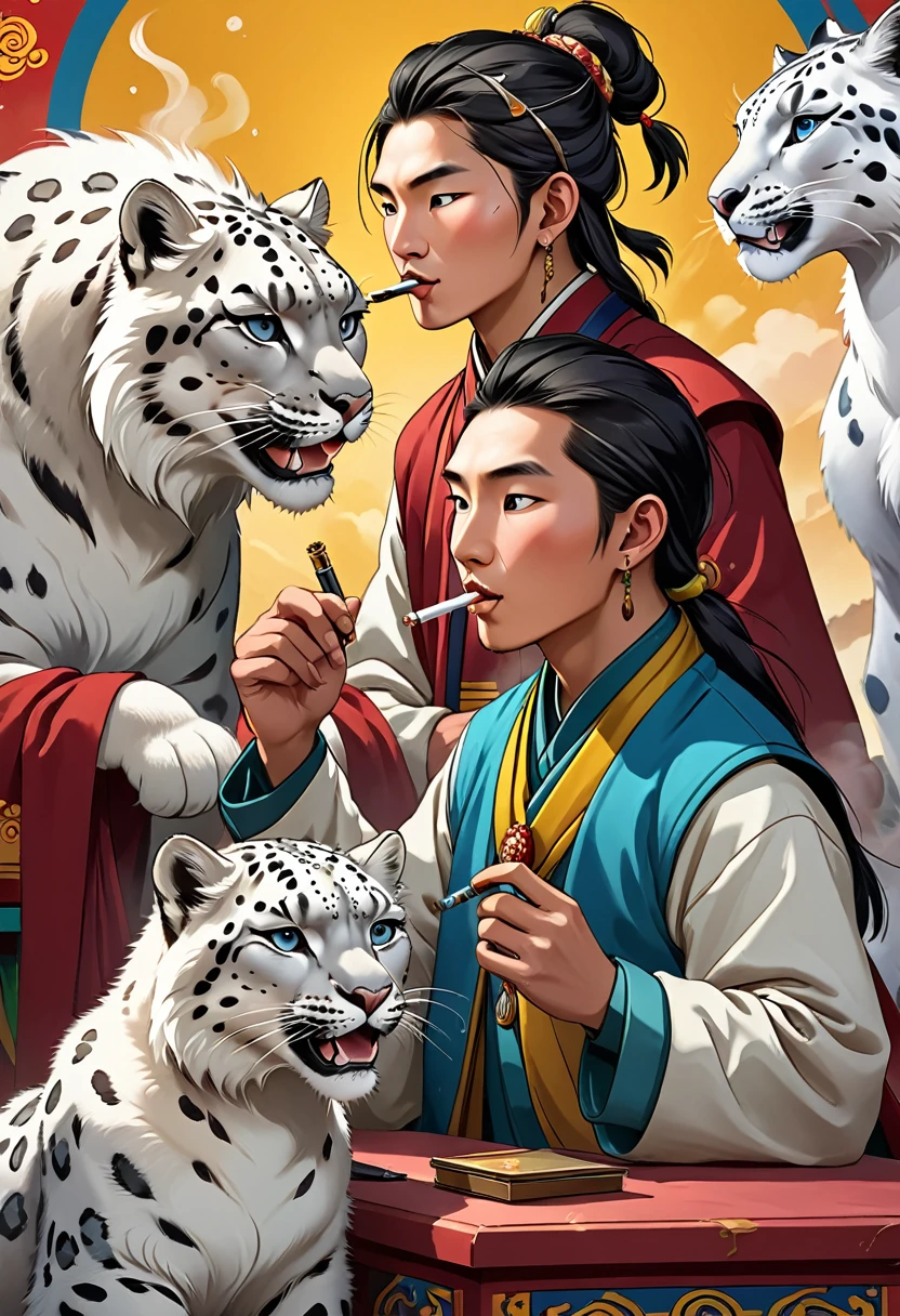 high quality, Rich in details, Tibetan young man,Two pets,One is a snow leopard,The other is a horse that looks like pearl,Youth smoking,vape,Riger Five Generations,Young man giving a speech at the podium,Youth and together
