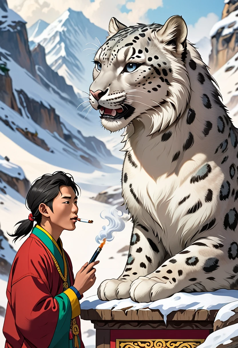 high quality, Rich in details, Tibetan young man,Two pets,One is a snow leopard,The other is a horse that looks like pearl,Youth smoking,vape,Riger Five Generations,Young man giving a speech at the podium,Youth and together