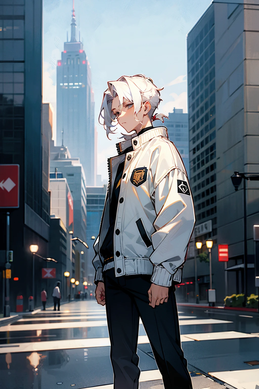 1male , White Hair , Wavy Hair , Undercut Hair , Unique Hair , Calm Expression ,Baggy Letterman Jacket , Standing in Modern City Background
