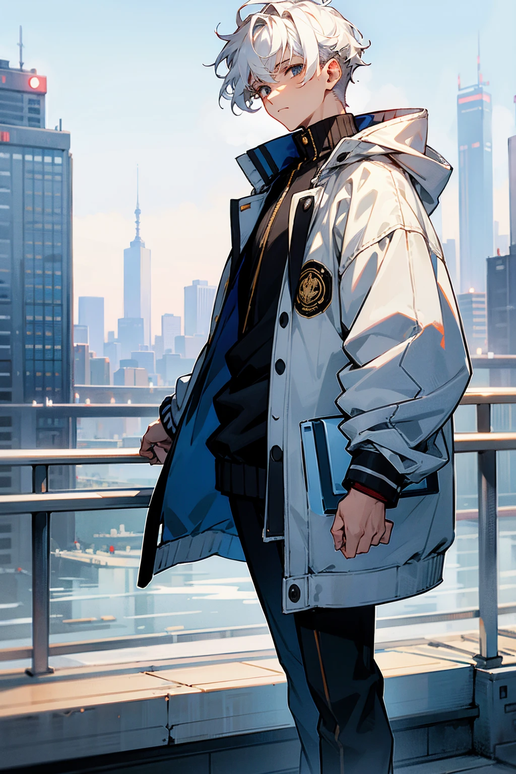 1male , White Hair , Wavy Hair , Undercut Hair , Unique Hair , Calm Expression ,Baggy Letterman Jacket , Standing in Modern City Background